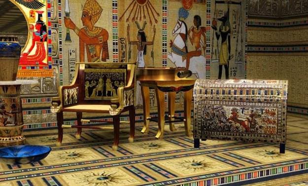 Egyptian era interior design with rounded corners and carved furniture