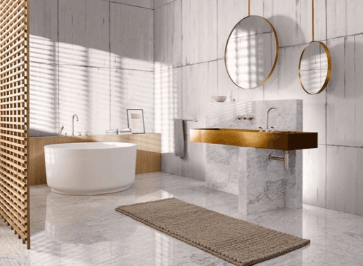 Bathroom with metallic and wood textures