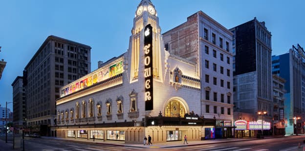 Apple Tower Theatre colorful entry