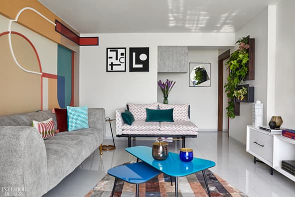 Living room with Memphis Group-inspired side tables