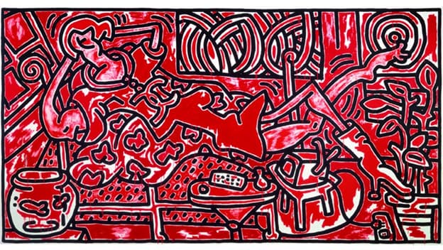 Visitor Experience team member Kei Riggins in front of Keith Haring, Tree of Life, 1985