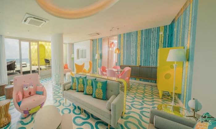 Nickelodeon Riviera Maya Pineapple Suite SpongeBob SquarePants-themed living area